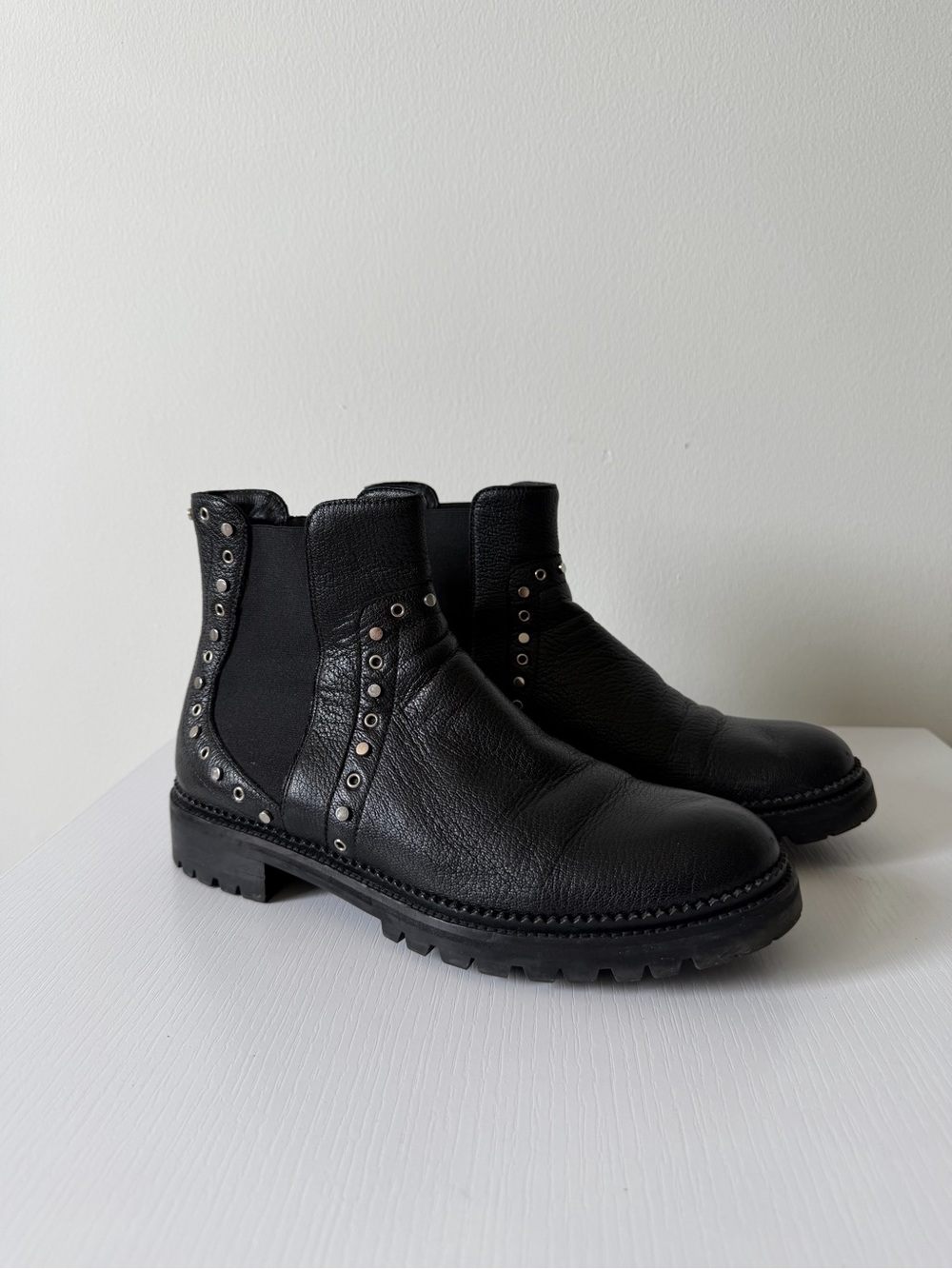 Jimmy Choo Black Leather Studded Chelsea Boots Lug Sole EU 40 US 9.5-10